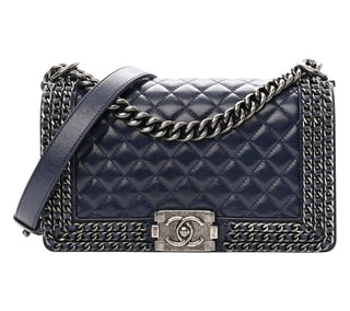 Chanel Navy Quilted Leather Medium Boy Chain Detailing Flap Bag