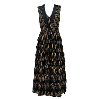 Dolce & Gabbana Black With Gold Metallic Accents Chevron Fringe Midi Dress