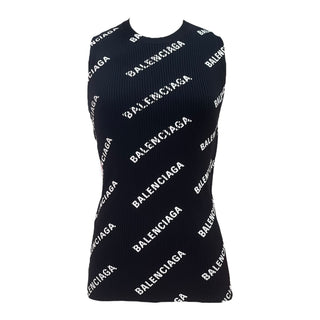 Balenciaga Black Logo Print Ribbed Sleeveless Tank Top