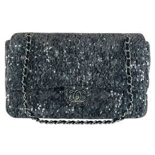 Chanel Classic Flap Bag In Grey Sequin Tweed With Silver Hardware