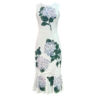 Dolce & Gabbana White Hydrangea Print Sleeveless Midi Dress With Flared Hem
