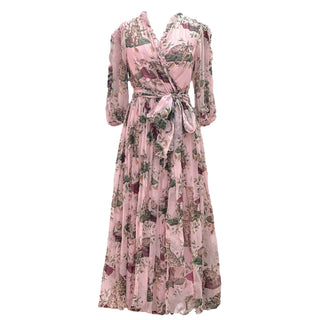 Dolce & Gabbana Pink Floral Print Silk Chiffon Wrap Maxi Dress With Ruffle Trim