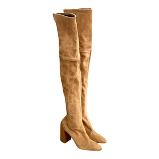 Hermès Camel Suede Over-the-Knee Boots with Patent Leather Block Heel