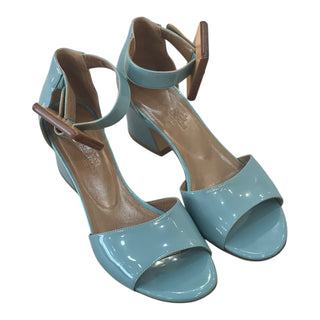 Hermès Blue Patent Leather Block Heel Sandals with Wooden Buckle Ankle Strap