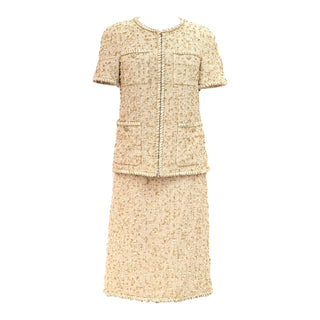 Chanel Gold Metallic Tweed Short Sleeve Jacket and Midi Skirt Set