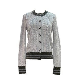 Chanel Grey Cable Knit Embellished Cardigan With Contrast Trim