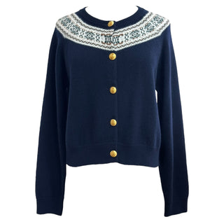 Celine Navy Wool Fair Isle Knit Cardigan