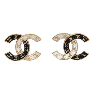 Chanel White & Black Enamel Gold CC Logo Earrings