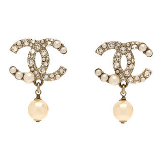 Chanel Gold-Tone Crystal & White Pearl CC Drop Earrings