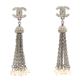 Chanel Silver Pearl Crystal CC Drop Earrings