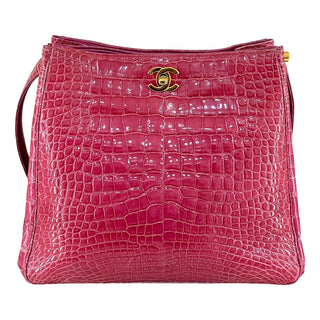 Chanel Vintage Pink Crocodile Medium Kelly Shoulder Bag With Gold Hardware