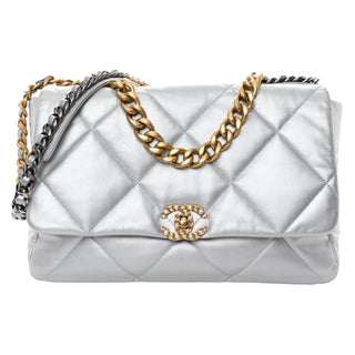 Chanel Silver Metallic Goatskin Quilted Large Chanel 19 Flap Bag