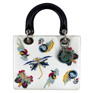 Christian Dior White Smooth Calfskin Embroidered Medium Lady Dior Bag