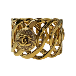 Chanel Vintage Gold Openwork Cuff Bracelet With CC Medallion