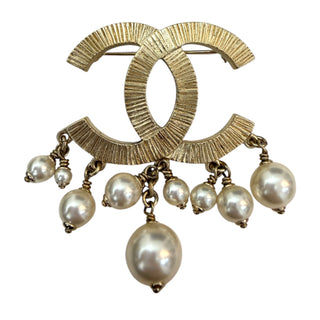 Chanel Gold Textured CC Logo Pearl Drop Brooch