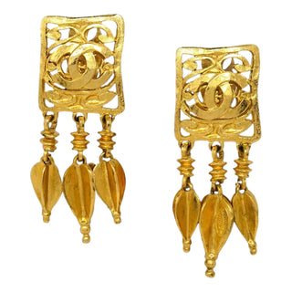 Chanel Vintage Gold Filigree CC Logo Dangle Earrings