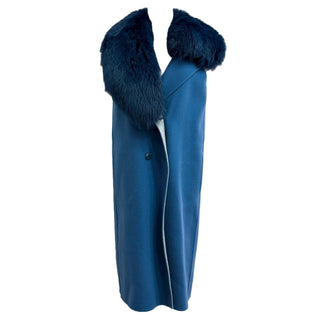 Fendi Blue Fleece Wool Coat with Mink Fur Collar