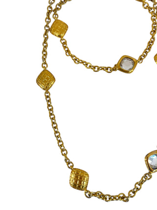 Chanel Gold Vintage Quilted Motif Crystal Chain Necklace