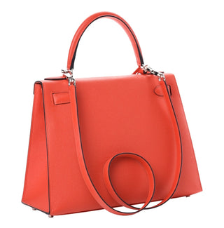 Hermes Epsom Chevre Mysore Sombrero Kellygraphie Lettre M Kelly 28 Sellier In Capucine, Blue, Obscure & Ambre