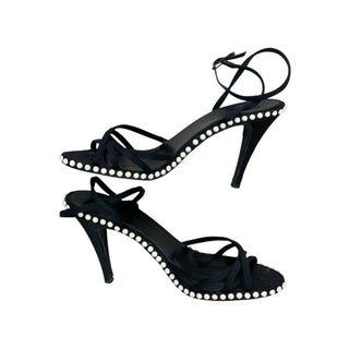 Chanel Black Strappy Pearl-Trim Heeled Sandals