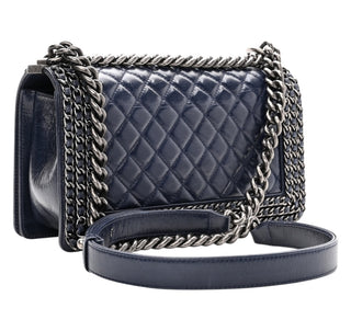 Chanel Navy Quilted Leather Medium Boy Chain Detailing Flap Bag