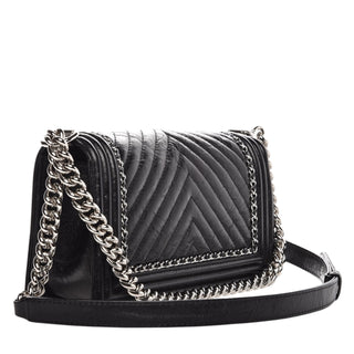 Chanel Black Aged Calfskin Chain V-Stitch Chevron Shoulder Medium Boy Bag