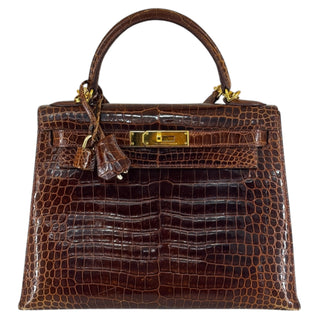 Hermès Kelly 28 Sellier Shiny Niloticus Crocodile Havane With Gold Hardware