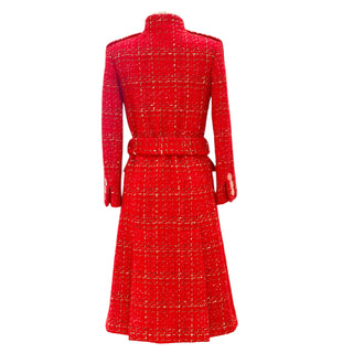 Chanel Red & Gold-Thread Tweed Military-Style Coat Dress with Belt