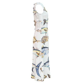 Dolce & Gabbana White Fish Print Sleeveless Midi Dress With Jeweled Button Back