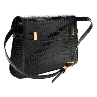 Yves Saint Laurent Black Shiny Crocodile Embossed Calfskin Manhattan Baguette Bag