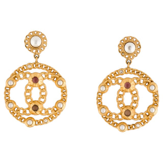Chanel Gold Chain & Pearl CC Dangle Earrings With Gem Accents