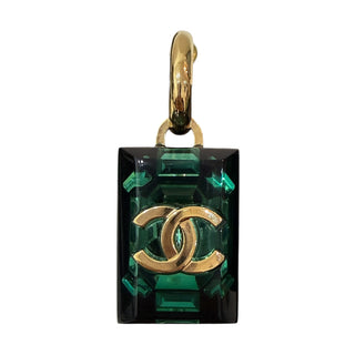 Chanel Emerald Green Crystal Rectangular Drop Earrings With Gold CC Logo