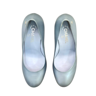 Chanel Silver-Blue Leather Platform Pumps with Tweed Block Heel