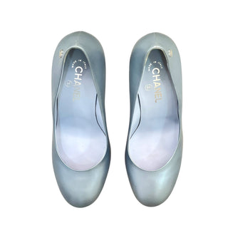 Chanel Silver-Blue Leather Platform Pumps with Tweed Block Heel