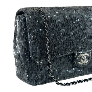 Chanel Classic Flap Bag In Grey Sequin Tweed With Silver Hardware
