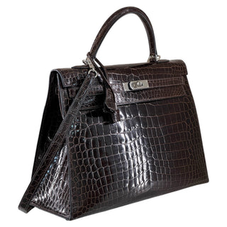 Hermès Kelly 35 Sellier Havane Shiny Porosus Crocodile With Palladium Hardware