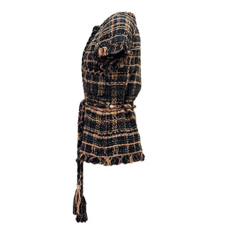 Chanel Black & Gold Tweed Short-Sleeve Belted Jacket with Fringe Trim