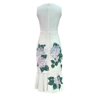 Dolce & Gabbana White Hydrangea Print Sleeveless Midi Dress With Flared Hem