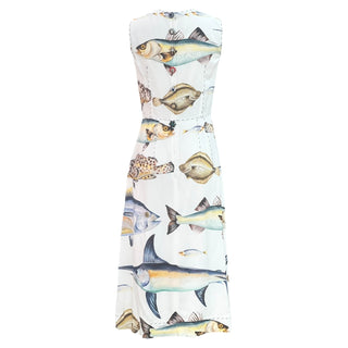 Dolce & Gabbana White Fish Print Sleeveless Midi Dress With Jeweled Button Back