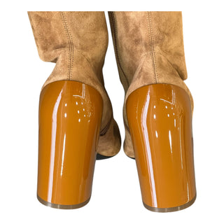 Hermès Camel Suede Over-the-Knee Boots with Patent Leather Block Heel