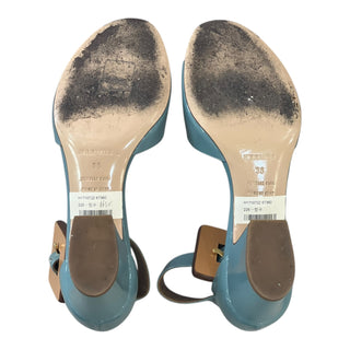 Hermès Blue Patent Leather Block Heel Sandals with Wooden Buckle Ankle Strap