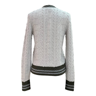 Chanel Grey Cable Knit Embellished Cardigan With Contrast Trim