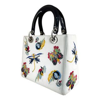 Christian Dior White Smooth Calfskin Embroidered Medium Lady Dior Bag