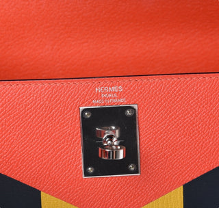 Hermes Epsom Chevre Mysore Sombrero Kellygraphie Lettre M Kelly 28 Sellier In Capucine, Blue, Obscure & Ambre