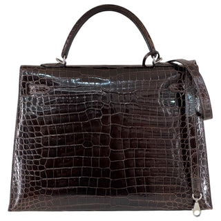 Hermès Kelly 35 Sellier Havane Shiny Porosus Crocodile With Palladium Hardware
