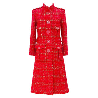 Chanel Red & Gold-Thread Tweed Military-Style Coat Dress with Belt