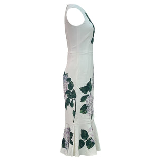 Dolce & Gabbana White Hydrangea Print Sleeveless Midi Dress With Flared Hem