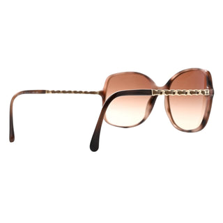 Chanel Brown Acetate Metal Lambskin Chain Square Sunglasses