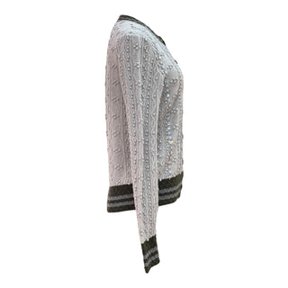 Chanel Grey Cable Knit Embellished Cardigan With Contrast Trim
