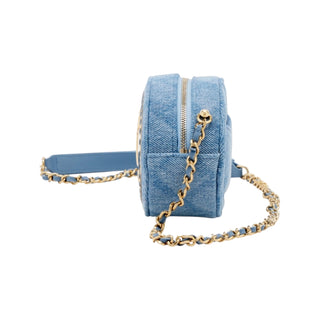 Chanel Blue Denim Vanity Clutch With Gold Hardware Chain